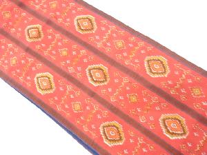 縞に幾何学模様織り出し　紬　全通袋帯